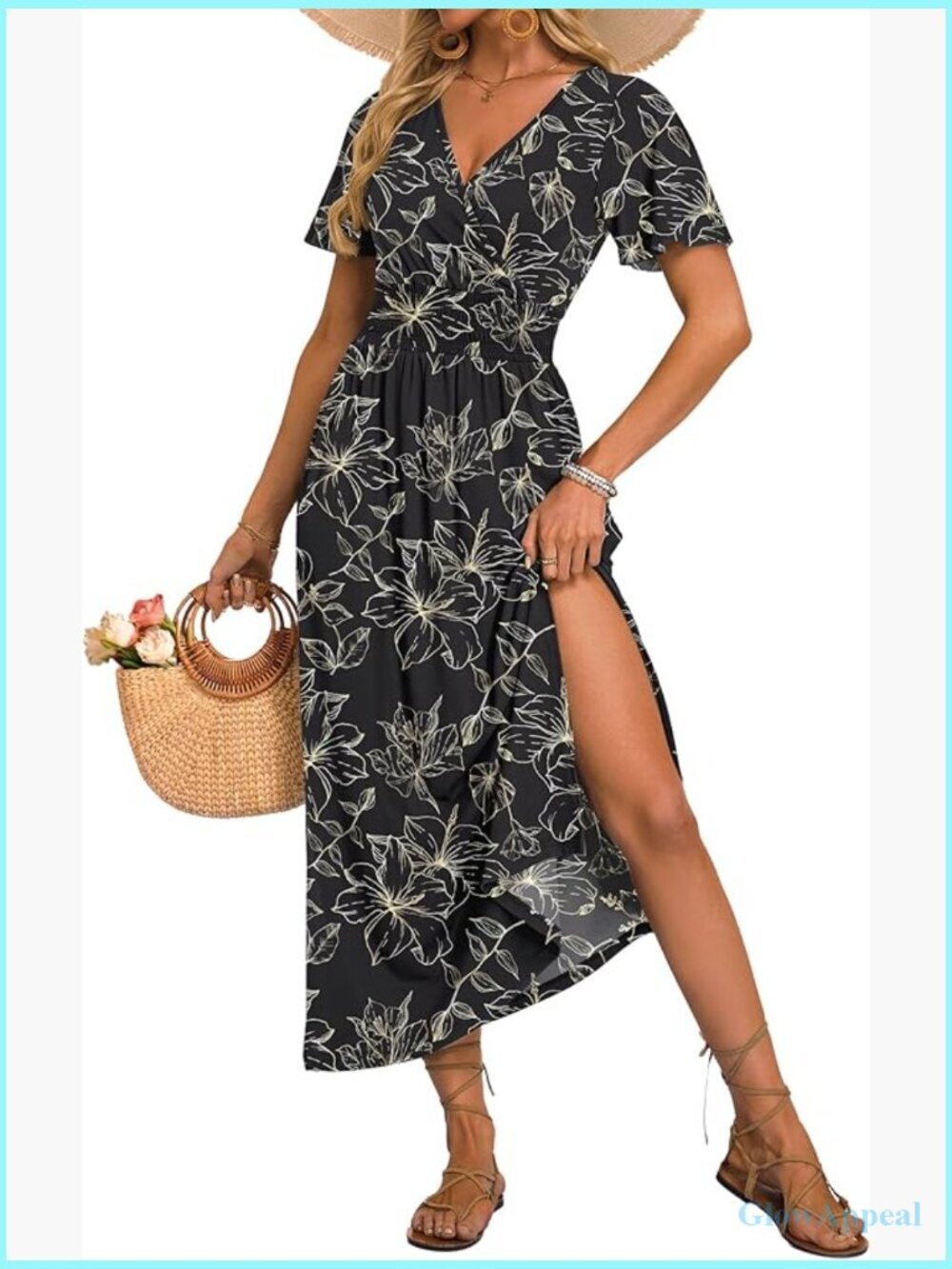 Floral Maxi Dress V Neck Flutter Sleeve Boho Beach Vacation Dress with Pockets